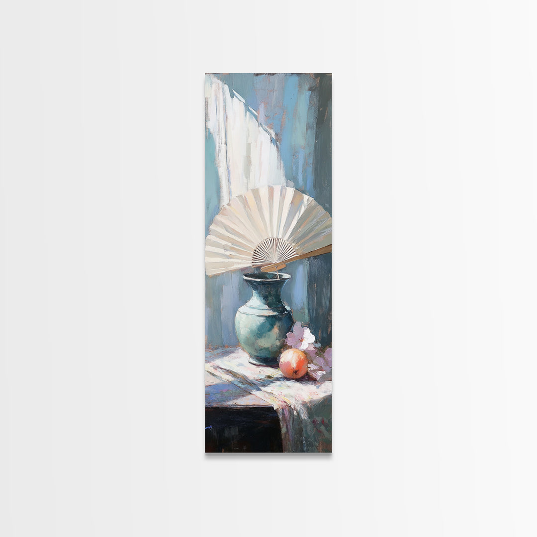 White Folding Fan Over Blue Vase Wall Art, Japandi Canvas Print For Bedroom Decor, Elegant Still Life And Modern Home Decor