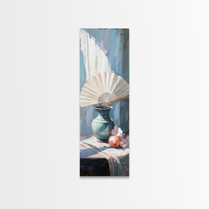 White Folding Fan Over Blue Vase Wall Art, Japandi Canvas Print For Bedroom Decor, Elegant Still Life And Modern Home Decor