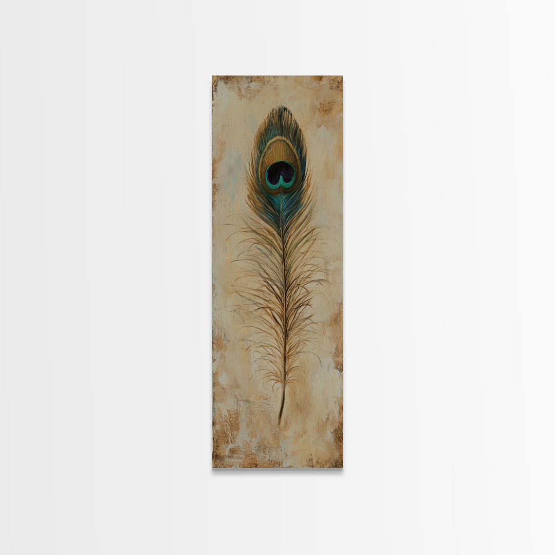 Peacock Feather Wall Art, Rustic Boho Canvas Print, Nature Inspired Art For Bedroom Decor And Cozy Living Room Decor And Home Decor