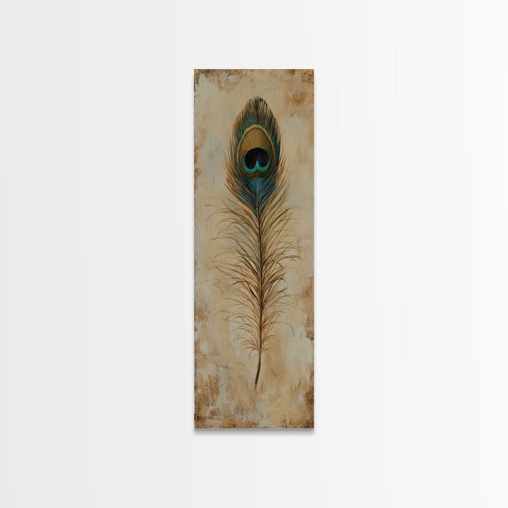 Peacock Feather Wall Art, Rustic Boho Canvas Print, Nature Inspired Art For Bedroom Decor And Cozy Living Room Decor And Home Decor