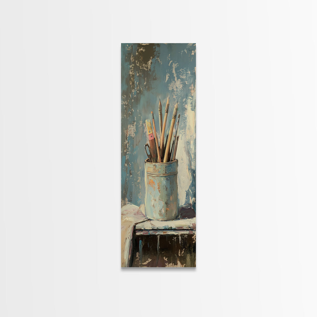 Paintbrushes In Blue Cup Wall Art, Artist Studio Canvas Print, Rustic Creative Office Decor For Art Lover Gift And Home Decor
