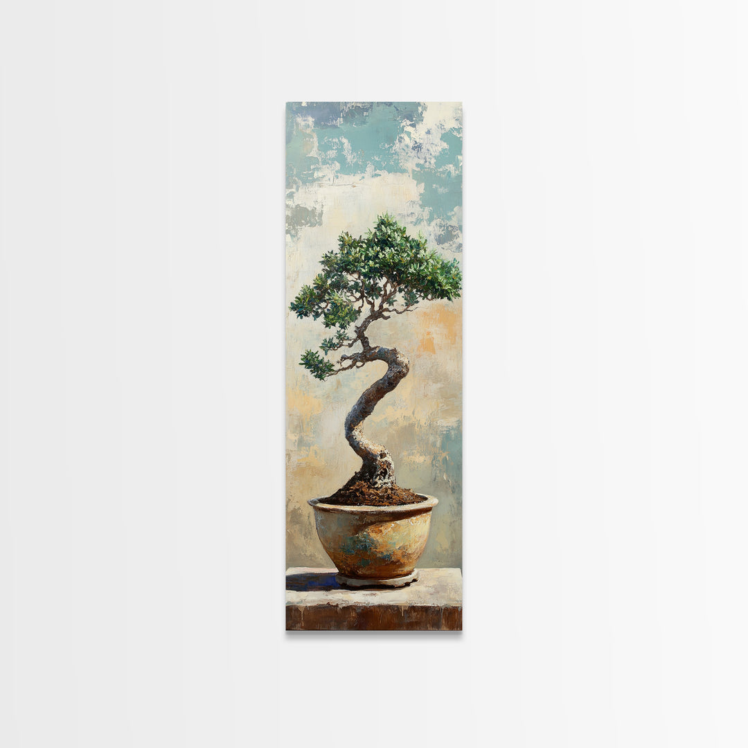 Bonsai Tree In Ceramic Pot Framed Canvas Print, Japanese Zen Wall Art, Nature Inspired Decor For Office And Meditation Room