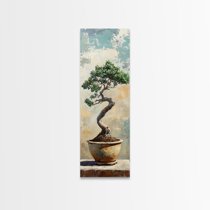 Bonsai Tree In Ceramic Pot Framed Canvas Print, Japanese Zen Wall Art, Nature Inspired Decor For Office And Meditation Room