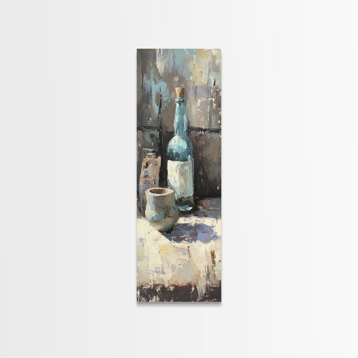 Blue Bottle And Ceramic Cup Still Life Canvas Print, Moody Kitchen Wall Art, Rustic Dining Room Decor, Coffee Bar Gift For Her
