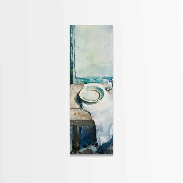 Seaside White Plate And Cup Minimalist Canvas Print, Coastal Kitchen Wall Art, Ocean View Decor, Beach House Gift For Her