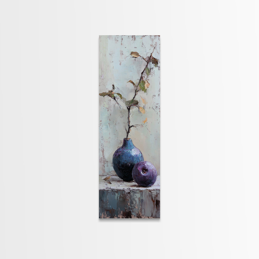 Rustic Blue Vase And Purple Fruit Still Life Wall Art, Textured Botanical Canvas Print For Kitchen And Living Room Decor