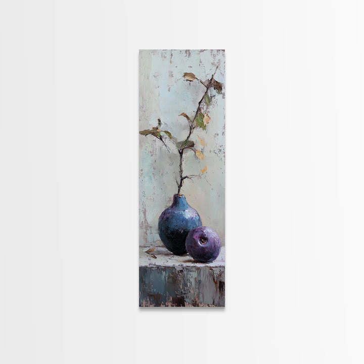 Rustic Blue Vase And Purple Fruit Still Life Wall Art, Textured Botanical Canvas Print For Kitchen And Living Room Decor