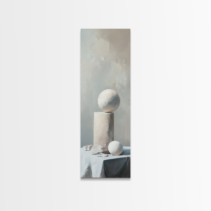 Minimalist White Sphere And Column Still Life Wall Art, Neutral Abstract Canvas Print For Modern Office Decor And Home Decor