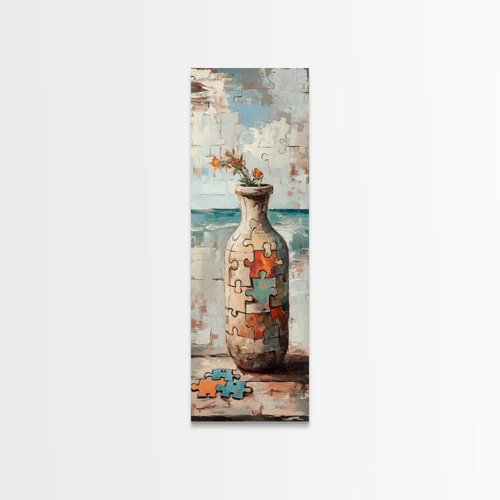 Puzzle Piece Vase With Wildflowers Canvas Print, Whimsical Wall Art, Eclectic Home Decor, Colorful Art, Statement Wall Art