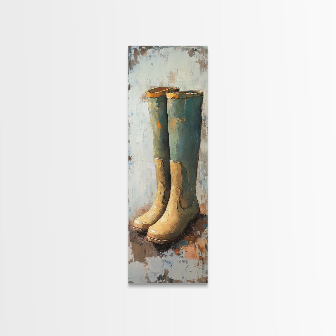 Tall Green Rain Boots Oil Painting Canvas Print, Rustic Farmhouse Decor, Country Wall Art, Mudroom Housewarming Gift For Her