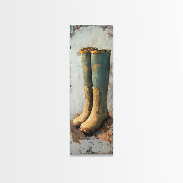 Tall Green Rain Boots Oil Painting Canvas Print, Rustic Farmhouse Decor, Country Wall Art, Mudroom Housewarming Gift For Her