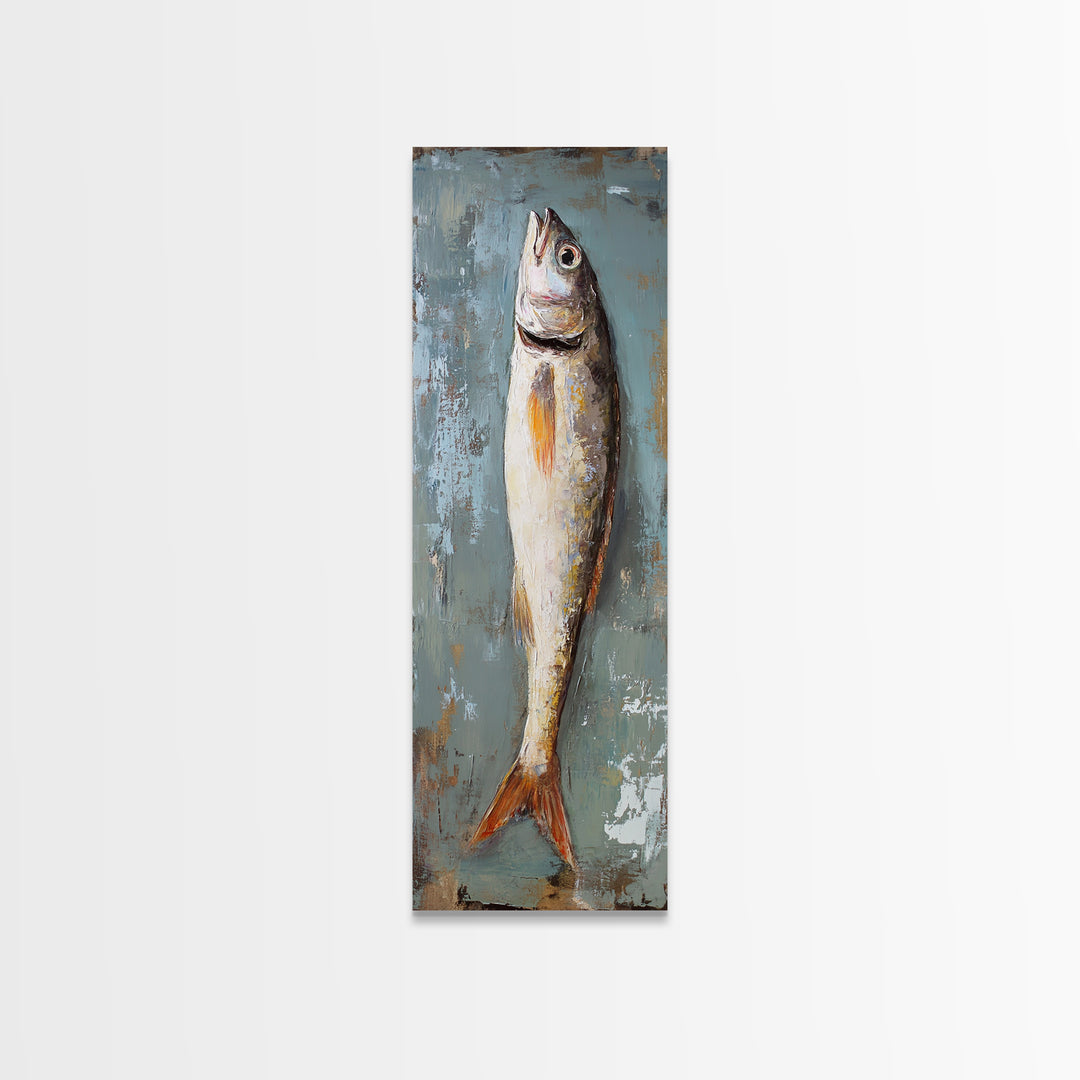 Single Silver Fish Still Life Canvas Print, Nautical Kitchen Wall Art, Coastal Home Decor, Seafood Gift For Fisherman Art Print