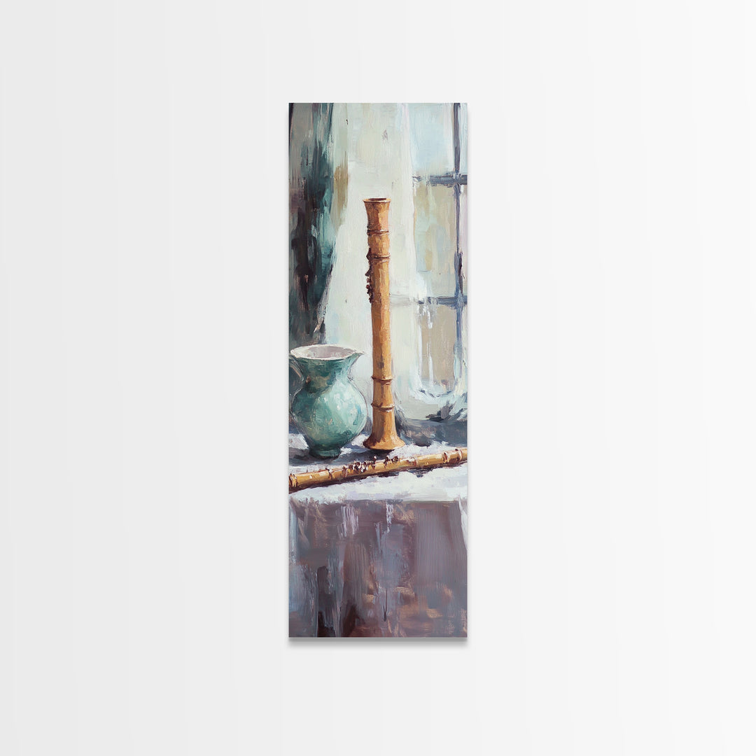 Turquoise Vase And Bamboo Flute Still Life Framed Canvas Print, Japandi Wall Art, Zen Home Decor, Calming Office Art Print