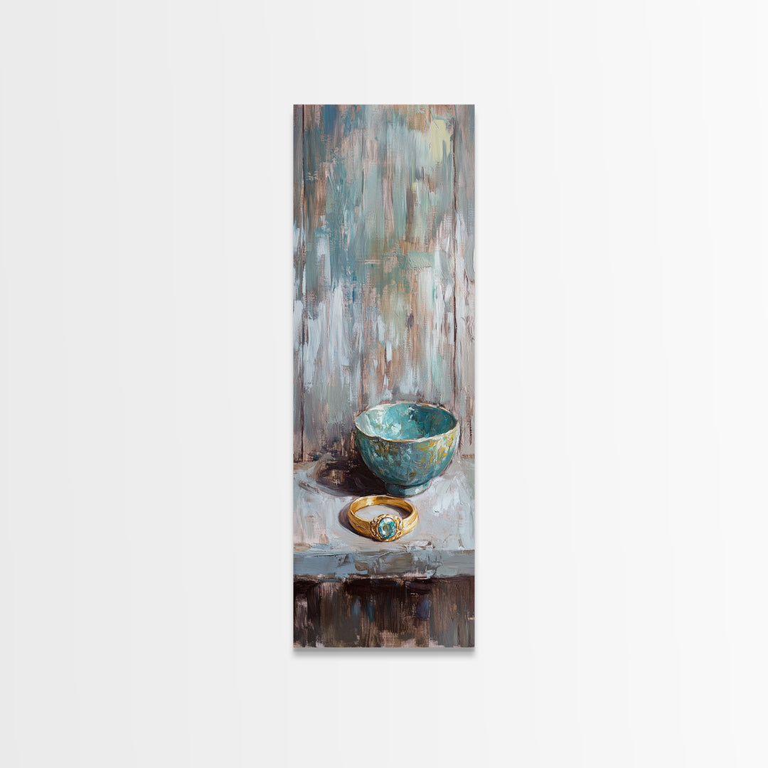 Turquoise Bowl With Gold Ring Oil Painting Canvas Print, Wabi Sabi Wall Art, Rustic Boho Home Decor, Unique Gift For Her