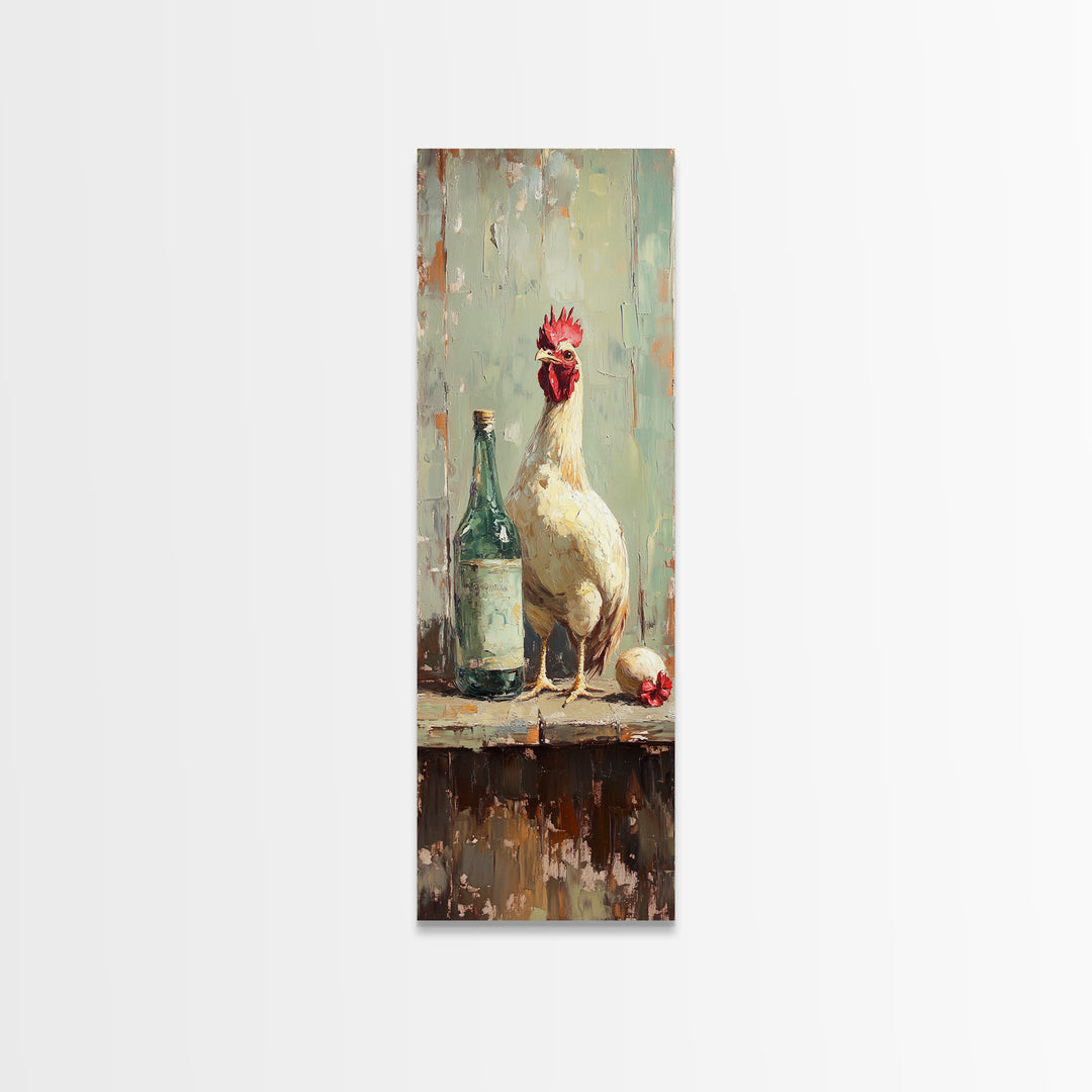 Rustic White Rooster And Green Bottle Framed Canvas Print, Farmhouse Kitchen Wall Art, Country Decor, Chicken Lover Gift