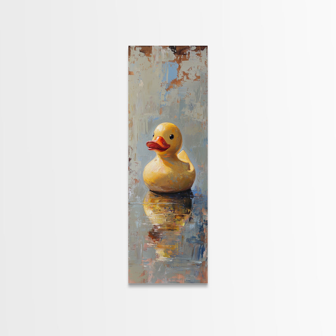 Yellow Rubber Duck In Reflective Water Canvas Print, Funny Bathroom Wall Art, Kids Bath Decor, Whimsical Animal Gift Print