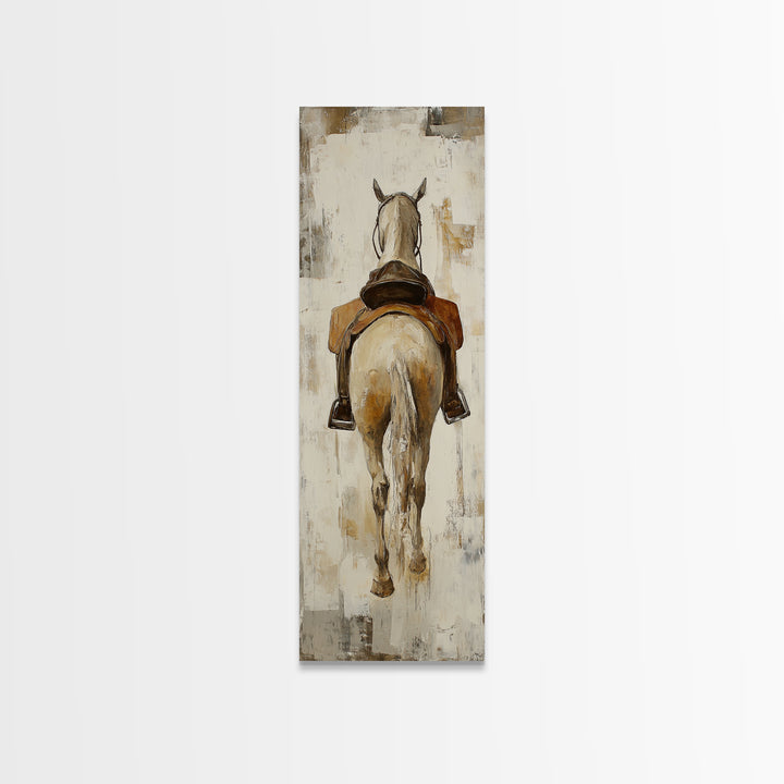 Saddled White Horse From Behind Framed Canvas Print, Equestrian Wall Art, Western Farmhouse Decor, Gift For Horse Lovers