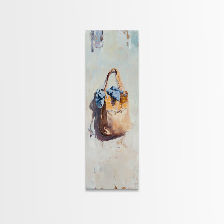 Hanging Tan Tote Bag With Blue Scarf Canvas Print, Fashion Wall Art, Feminine Bedroom Decor, Chic Closet Wall Decor, Gift For Her