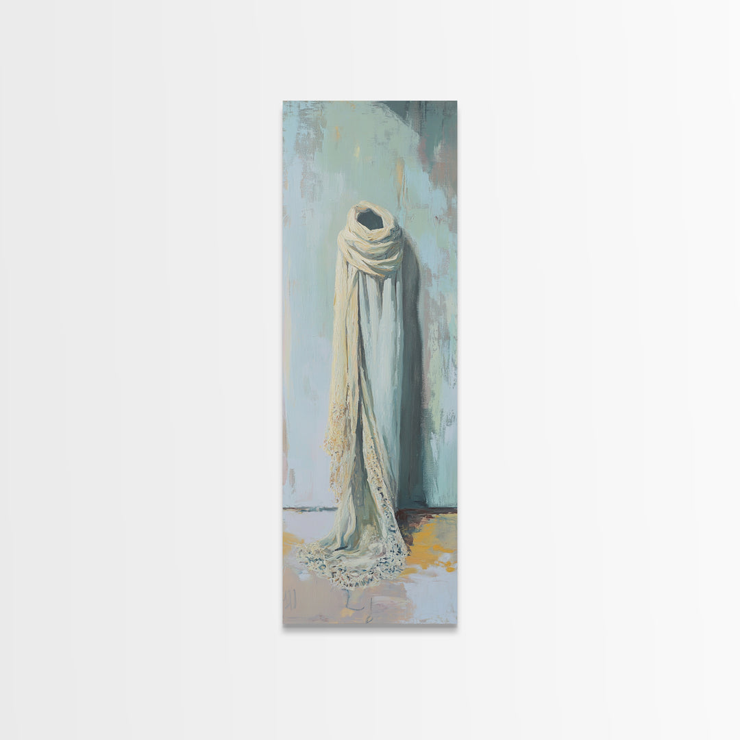 Draped White Scarf On Blue Wall Canvas Print, Minimalist Textile Wall Art, Neutral Bedroom Decor, Soft Wabi Sabi Art, Calming Decor