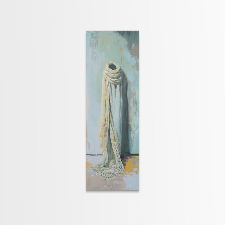 Draped White Scarf On Blue Wall Canvas Print, Minimalist Textile Wall Art, Neutral Bedroom Decor, Soft Wabi Sabi Art, Calming Decor