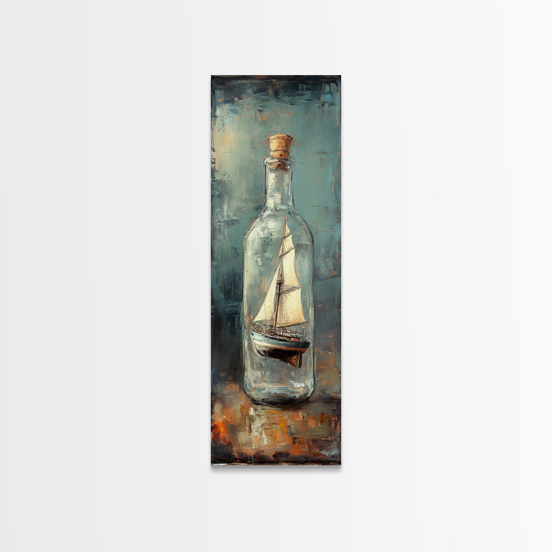 Ship In A Glass Bottle Framed Canvas Print, Nautical Wall Art, Coastal Home Decor, Lake House Decor, Ocean Wall Decor, Sailboat Art