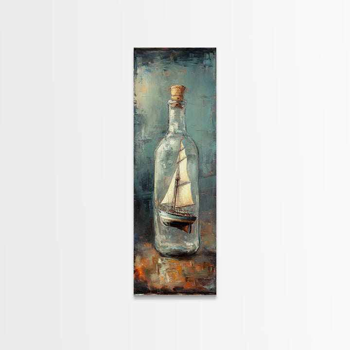 Ship In A Glass Bottle Framed Canvas Print, Nautical Wall Art, Coastal Home Decor, Lake House Decor, Ocean Wall Decor, Sailboat Art