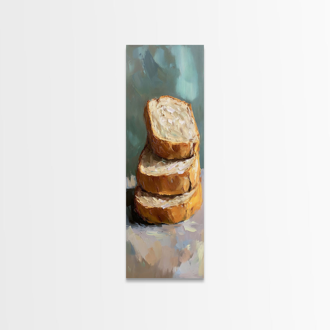 Stacked Crusty Bread Slices Canvas Print, Rustic Kitchen Wall Art, Food Still Life Painting, Bakery Decor Gift For Foodie