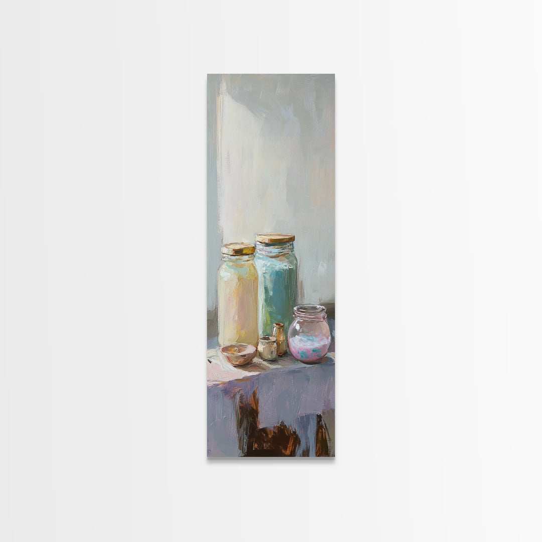 Pastel Glass Jars And Bottles Wall Art, Minimalist Still Life Canvas Print, Soft Kitchen Decor, Modern Home Decor, Housewarming Gift