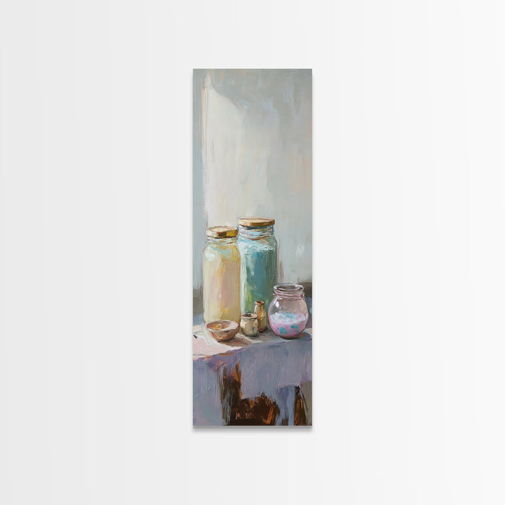 Pastel Glass Jars And Bottles Wall Art, Minimalist Still Life Canvas Print, Soft Kitchen Decor, Modern Home Decor, Housewarming Gift