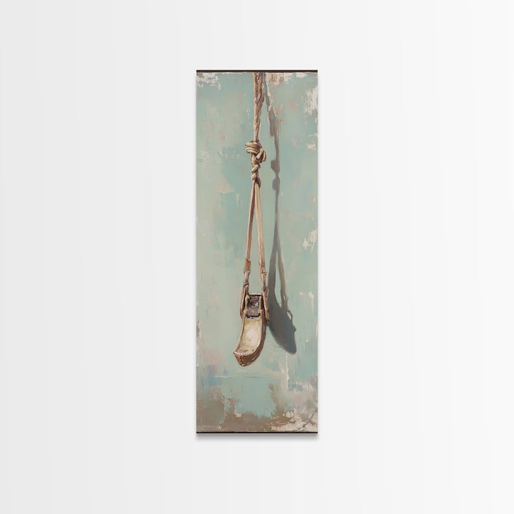 Weathered Rope Swing On Blue Wall Art, Rustic Minimalist Canvas Print, Nostalgic Nursery Or Patio Decor Housewarming Gift