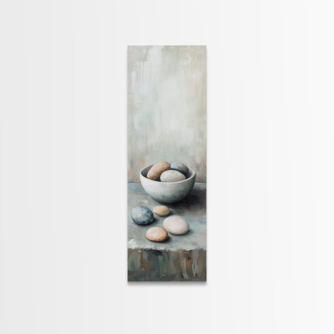Neutral Bowl Of Smooth Pebbles Wall Art, Minimalist Still Life Canvas, Calming Zen Bathroom Decor, Wabi Sabi Home Decor Gift