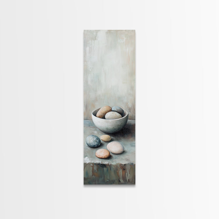 Neutral Bowl Of Smooth Pebbles Wall Art, Minimalist Still Life Canvas, Calming Zen Bathroom Decor, Wabi Sabi Home Decor Gift