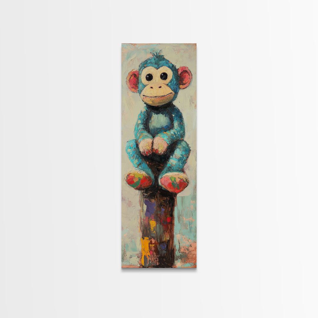 Whimsical Blue Monkey Toy Wall Art, Cute Animal Nursery Decor, Kids Room Canvas Print, Playroom Decor And Baby Shower Gift