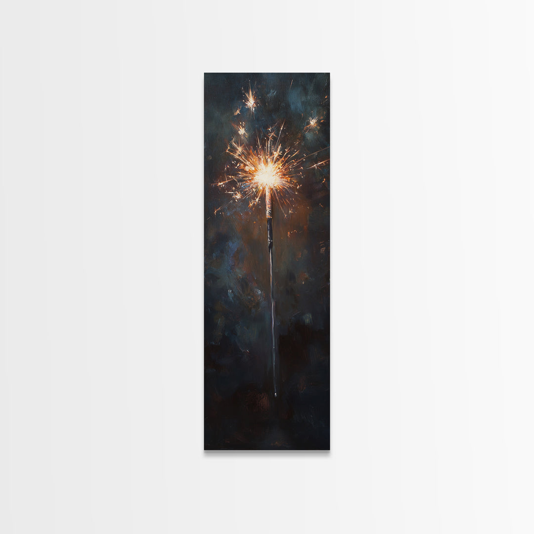 Glowing Sparkler On Dark Night Wall Art, Celebration Canvas Print, Moody Black And Gold Decor, New Year Gift For Party Lovers