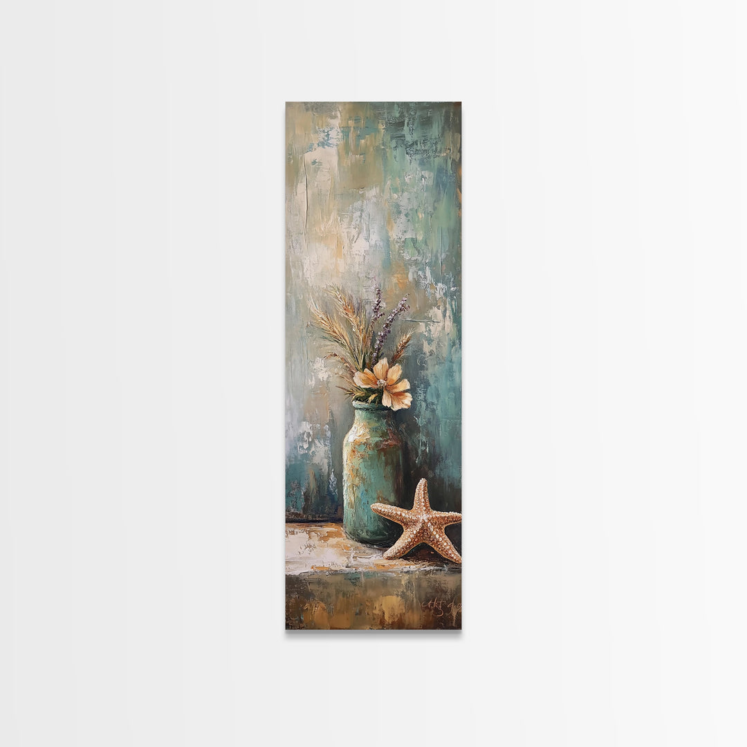 Rustic Jar With Dried Grass And Starfish Wall Art, Coastal Canvas Print, Beach House Decor, Neutral Farmhouse Gift, Living Room Decor