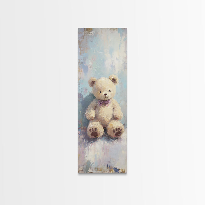 Cream Teddy Bear With Purple Bow Framed Canvas Print, Nursery Wall Art, Whimsical Animal Decor, Baby Shower Gift, Kids Room Decor