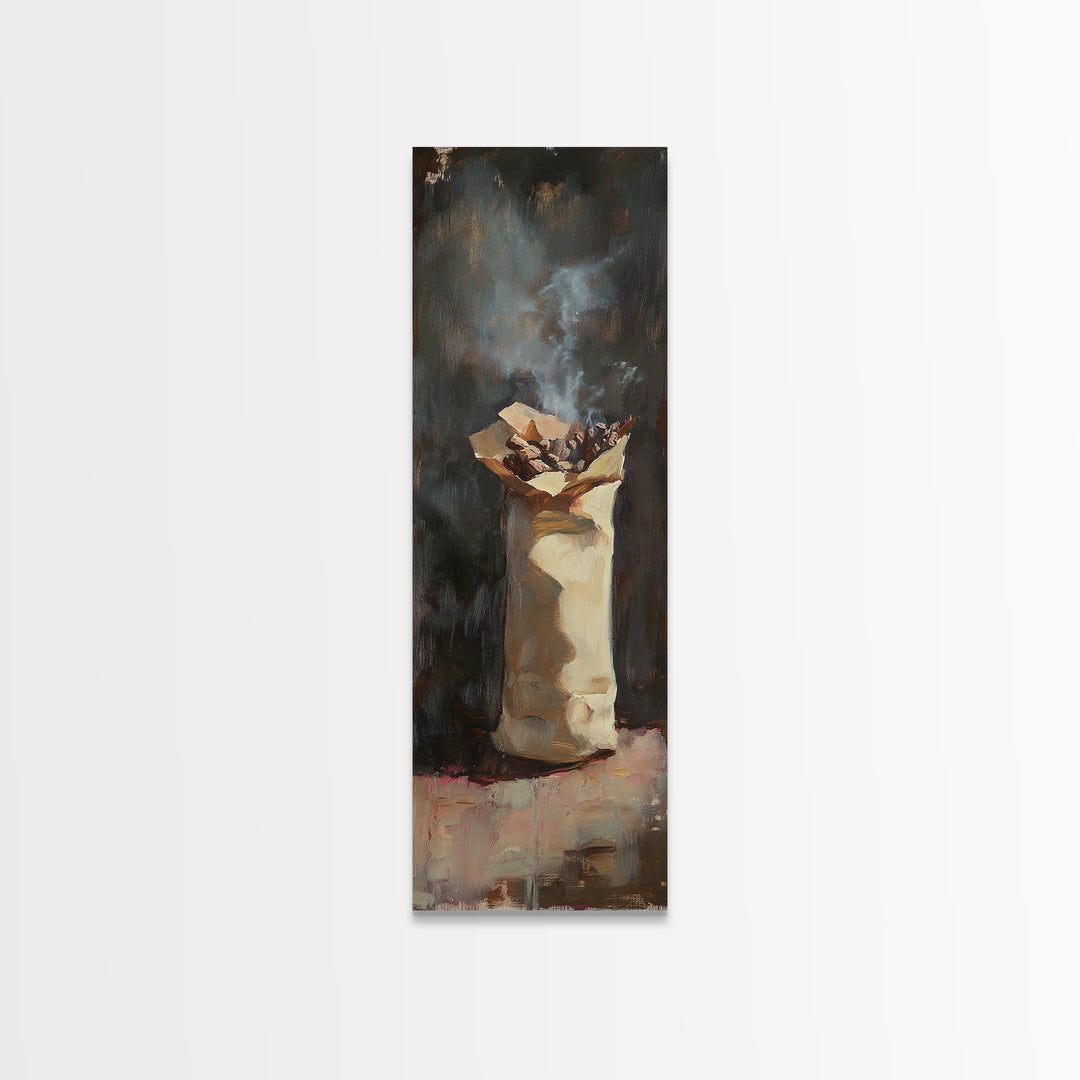 Moody Smoking Paper Bag Still Life Wall Art, Rustic Oil Painting Print, Dark Academia Decor, Unique Kitchen Wall Decor And Home Decor