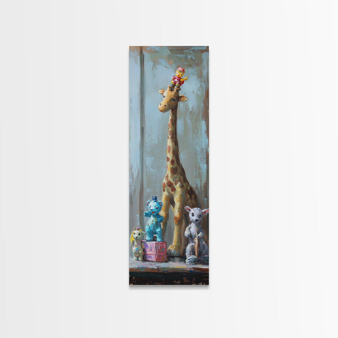 Whimsical Giraffe And Teddy Bear Framed Canvas Print, Nursery Wall Art, Kids Room Decor, Safari Animal Baby Shower Gift Idea