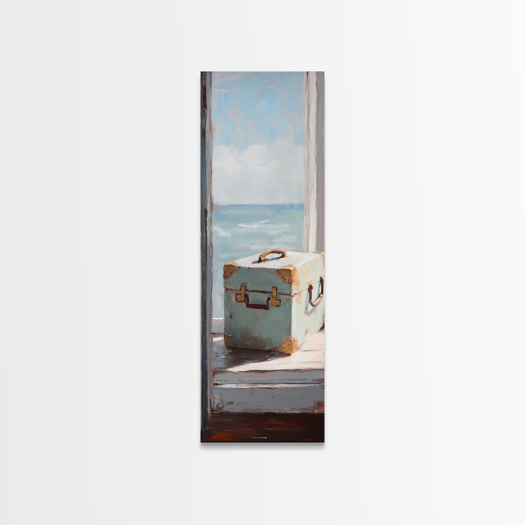 Blue Suitcase Ocean Window Canvas Print, Coastal Wall Art, Beach House Decor, Travel Inspired Living Room Wall Decor Gift
