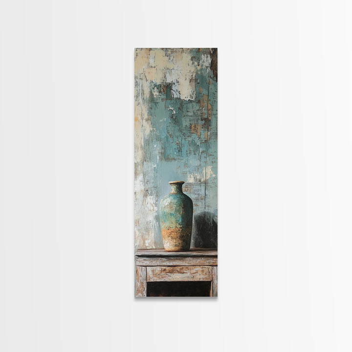 Turquoise Vase Textured Still Life Canvas Print, Rustic Wall Art, Neutral Home Decor, Modern Farmhouse Living Room Decor