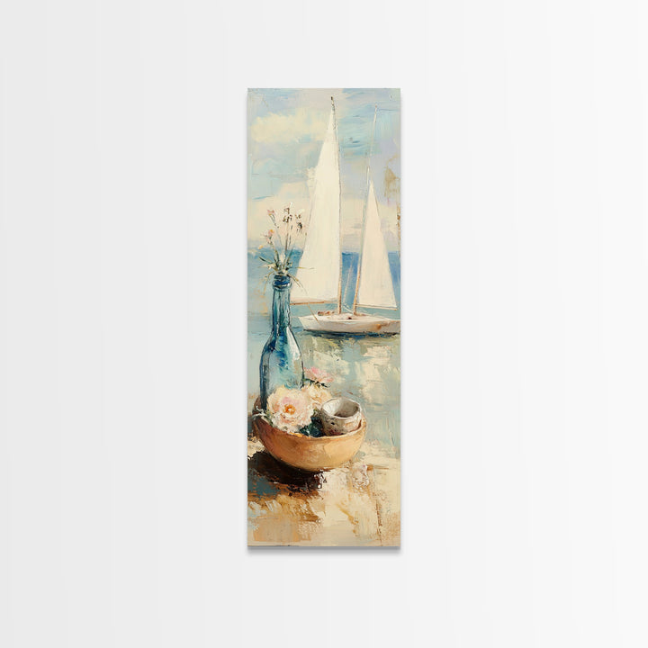 Sailboat Seaside Still Life Framed Canvas Print, Coastal Wall Art, Beach House Decor, Nautical Living Room Wall Decor Gift