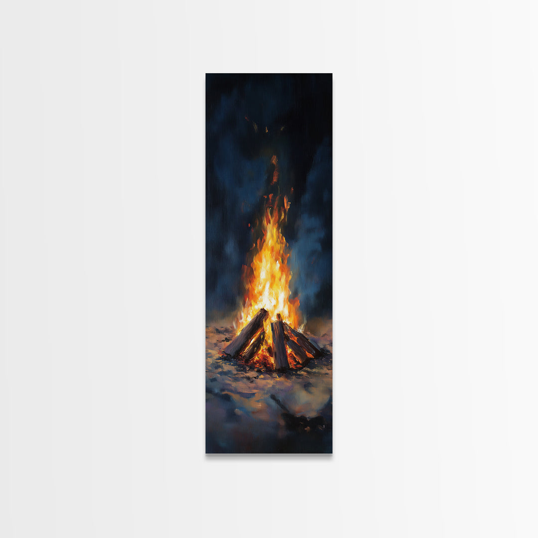 Glowing Campfire Night Landscape Wall Art, Rustic Cabin Decor, Moody Nature Art Print, Cozy Winter Living Room Decor Gift
