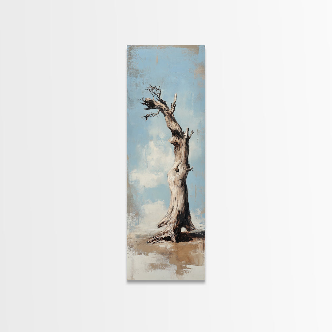 Lone Weathered Tree Wall Art, Rustic Landscape Painting, Minimalist Nature Print, Neutral Farmhouse Living Room Decor Gift