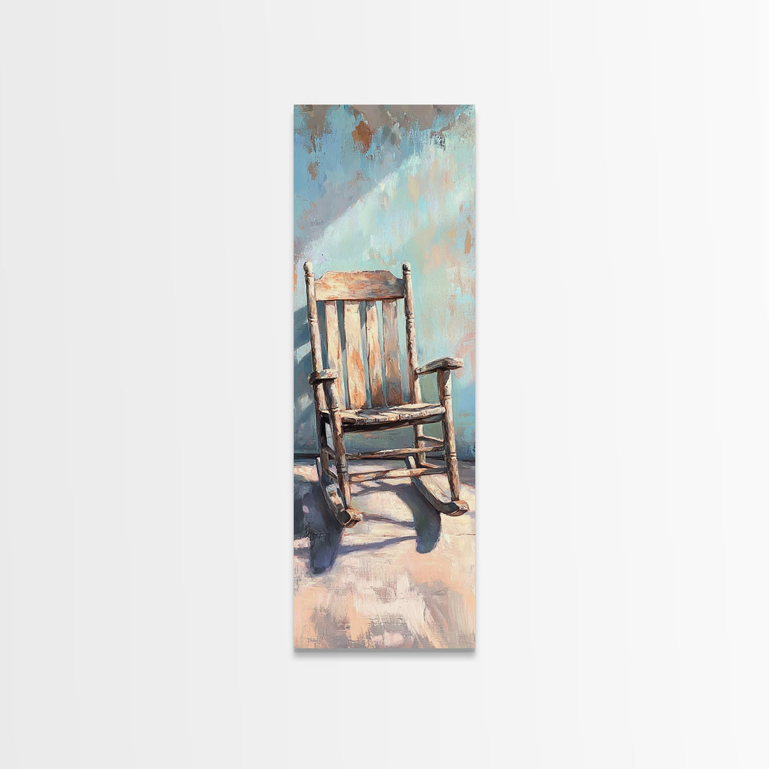 Sunlit Wooden Rocking Chair Wall Art, Rustic Farmhouse Decor, Country Home Decor, Neutral Canvas Print, Cozy Living Room Art