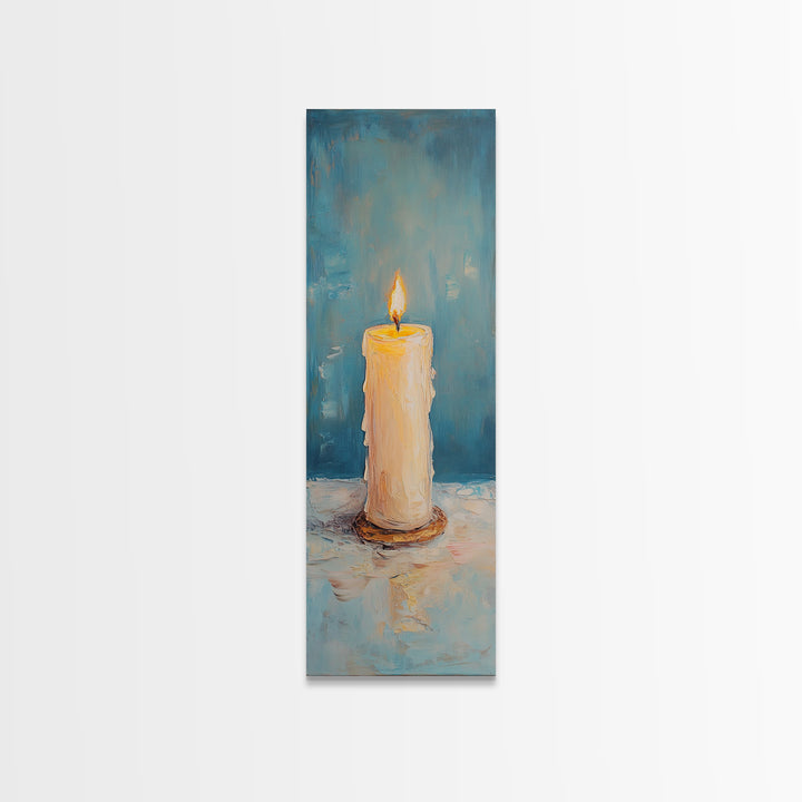 Glowing Pillar Candle Still Life Framed Canvas Print, Moody Wall Art, Meditation Room Decor, Spa Bathroom Art, Cozy Home Decor