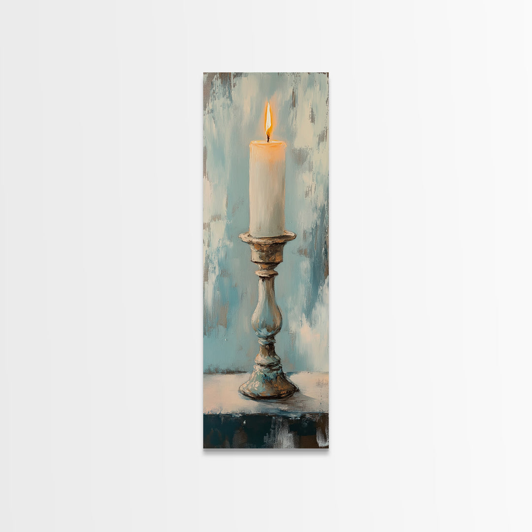 Lit Candle On Antique Holder Framed Canvas Print, Moody Still Life Wall Art For Rustic Home Decor, Spiritual Gift, Housewarming Gift