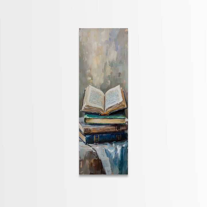 Open Book Stack Library Wall Art, Cozy Dark Academia Canvas Print For Reading Nook Decor, Book Lover Gift, Office Decor, Home Decor