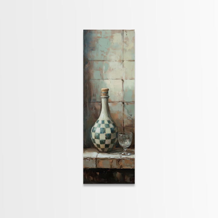 Checkered Ceramic Bottle And Wine Glass Wall Art, Rustic Kitchen Decor, Mediterranean Still Life Canvas Print For Dining Room
