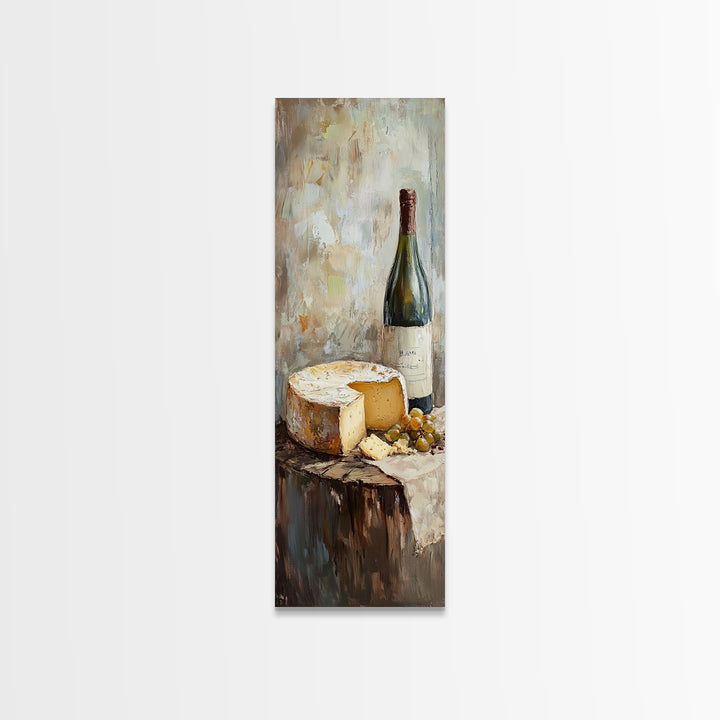 Cheese Wheel Wine Bottle And Grapes Wall Art, Rustic Kitchen Decor, Foodie Gift, French Farmhouse Canvas Print For Dining Room