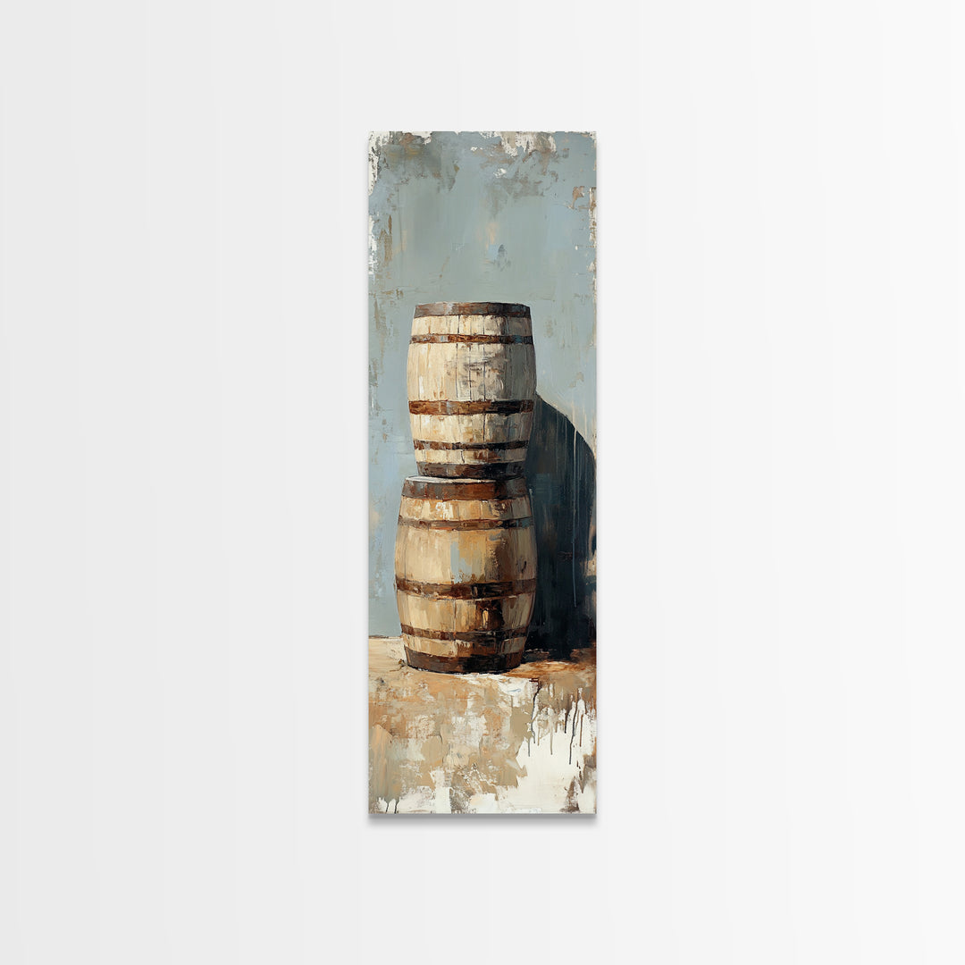 Rustic Wooden Barrels Still Life Wall Art, Farmhouse Winery Decor, Country Framed Canvas Print, Housewarming Gift Home Decor